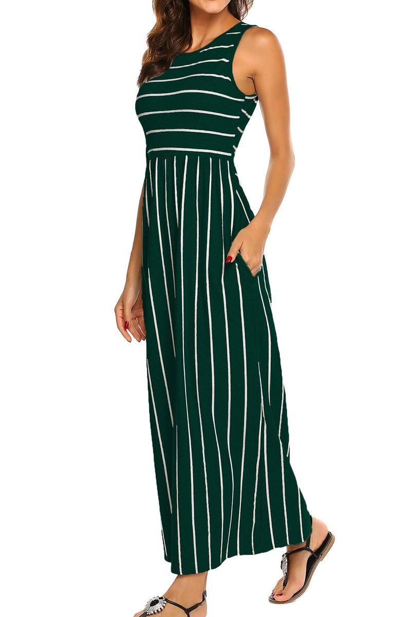 Hount Women's Summer Sleeveless Striped Flowy Casual Long Maxi Dress with Pockets (Green, Small) - Image 1